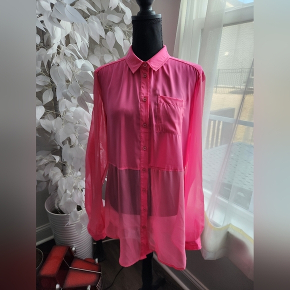 Free People Chiffon Hot Pink Sheer Blouse Size Medium - Picture 1 of 9